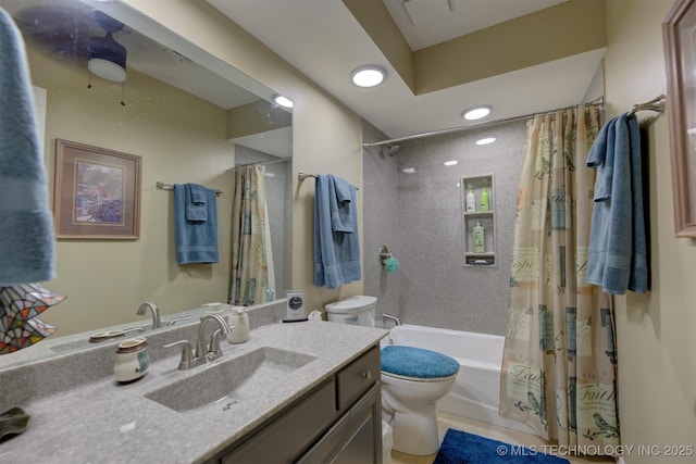 full bathroom with shower / tub combo, visible vents, vanity, and toilet