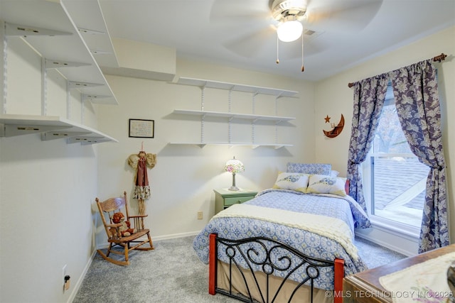 bedroom with carpet floors, ceiling fan, and baseboards