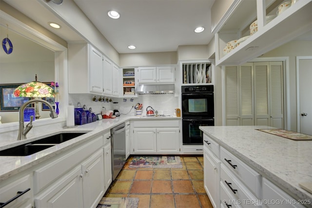 kitchen with dobule oven black, white cabinets, dishwasher, open shelves, and a sink