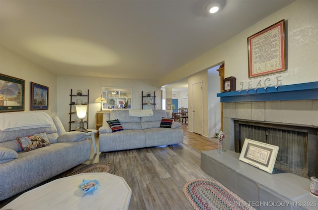 living room featuring a fireplace and wood finished floors