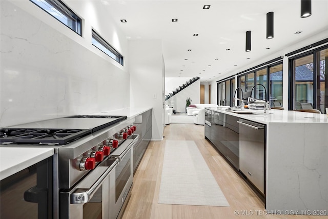 kitchen featuring tasteful backsplash, stainless steel appliances, sink, and light wood-type flooring