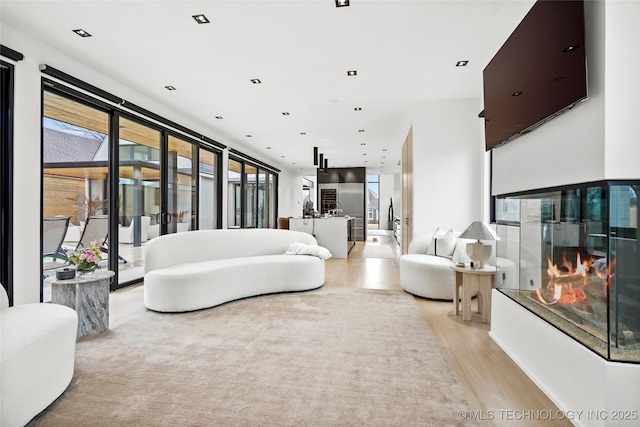 living room with light hardwood / wood-style floors and a premium fireplace
