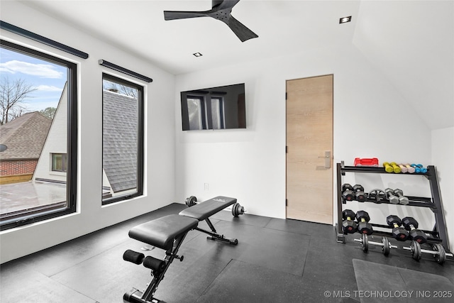 workout room featuring ceiling fan