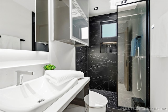 bathroom with sink, toilet, and tiled shower