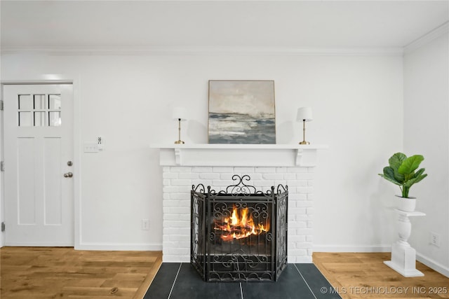 room details featuring ornamental molding, hardwood / wood-style floors, and a fireplace