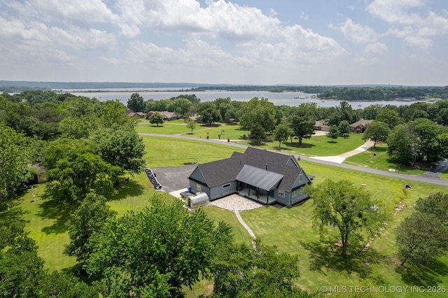 aerial view featuring a water view