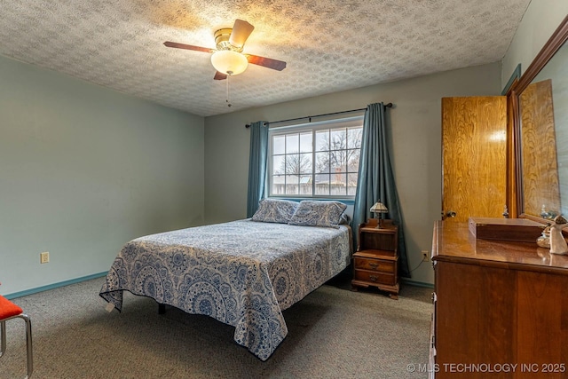 bedroom featuring ceiling fan, carpet, and a textured ceiling