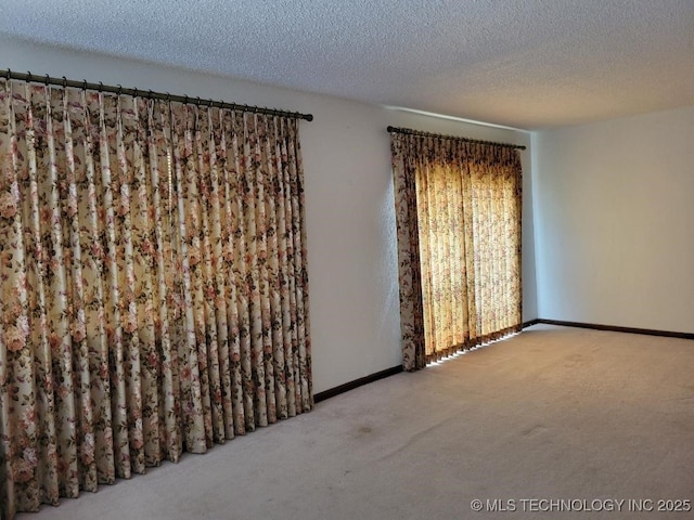 empty room with light colored carpet and a textured ceiling