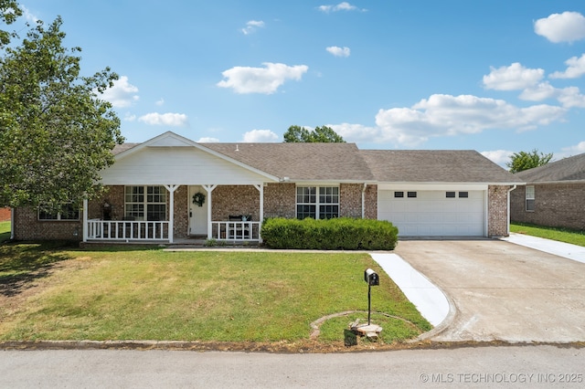 ranch-style home with a porch, a garage, and a front lawn