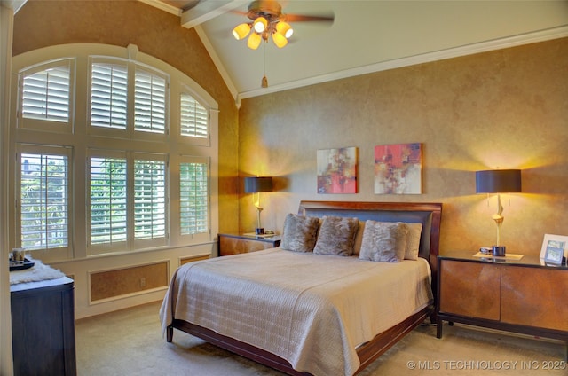 carpeted bedroom featuring high vaulted ceiling, beamed ceiling, ornamental molding, and ceiling fan