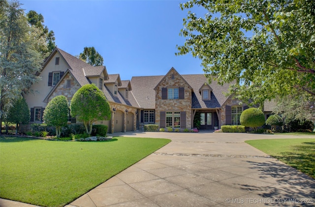 tudor-style house featuring a front lawn