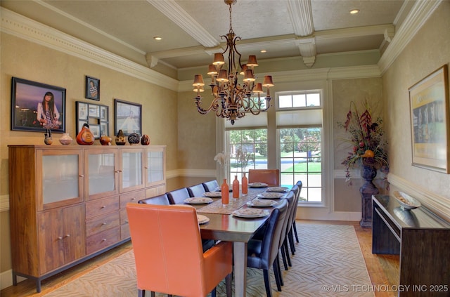 dining space featuring coffered ceiling, crown molding, a chandelier, beam ceiling, and light hardwood / wood-style floors