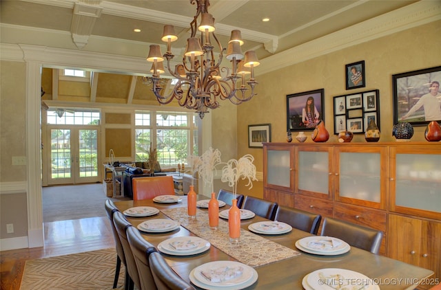 dining room with coffered ceiling, beam ceiling, wood-type flooring, and ornamental molding