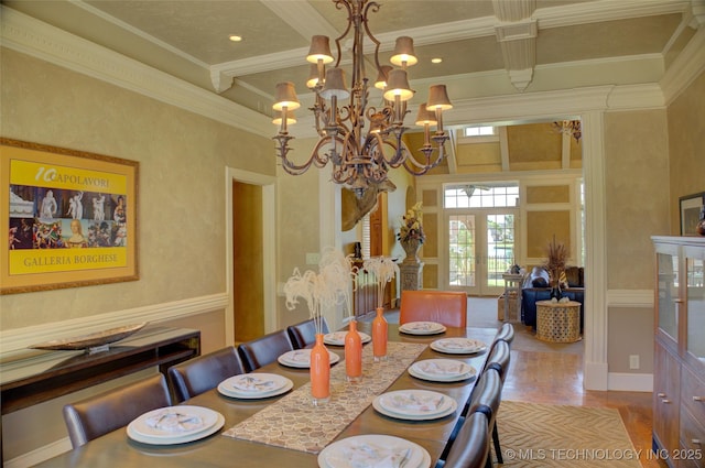 dining room with coffered ceiling, ornamental molding, french doors, and beamed ceiling