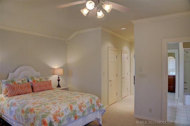 bedroom with ornamental molding, light colored carpet, and ceiling fan