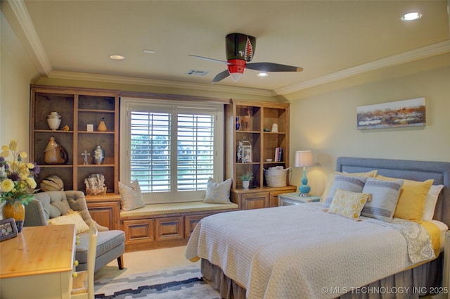 bedroom featuring ceiling fan, ornamental molding, and light carpet