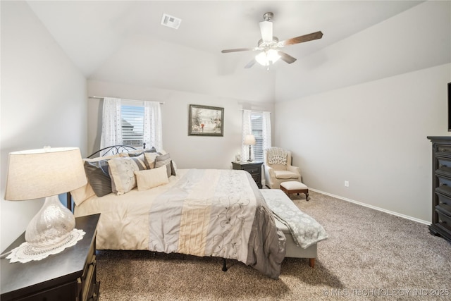 bedroom featuring ceiling fan, carpet flooring, and vaulted ceiling