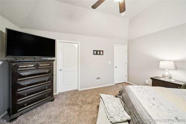 carpeted bedroom featuring lofted ceiling and ceiling fan