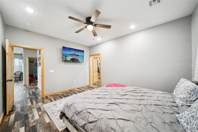 bedroom featuring ceiling fan and hardwood / wood-style floors