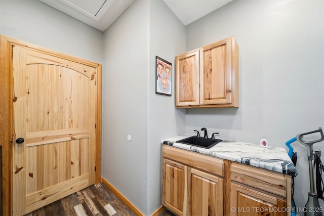 clothes washing area with sink and dark hardwood / wood-style floors