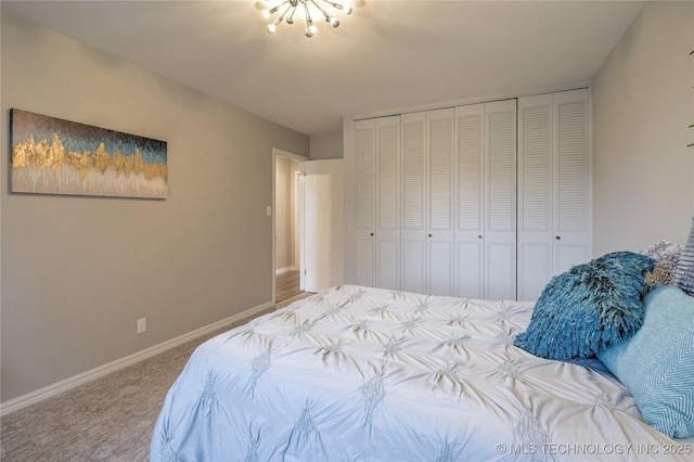 bedroom with light colored carpet and a closet