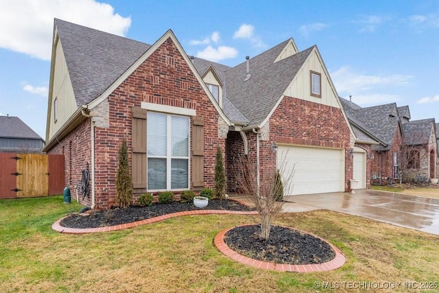 view of front of home featuring a garage, concrete driveway, brick siding, and a front lawn