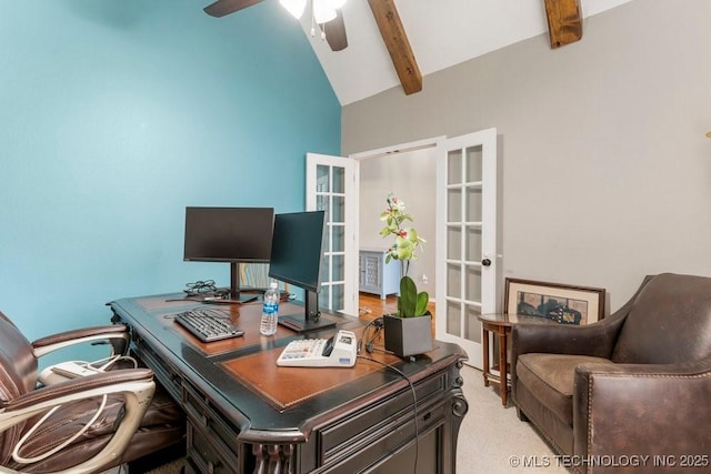 carpeted office featuring lofted ceiling with beams, ceiling fan, and french doors