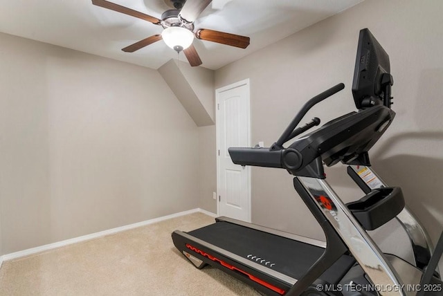 workout room featuring ceiling fan and light colored carpet