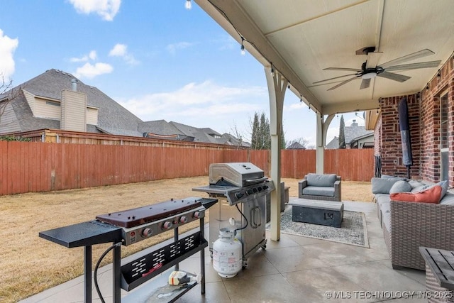 view of patio / terrace featuring a grill, an outdoor hangout area, and ceiling fan