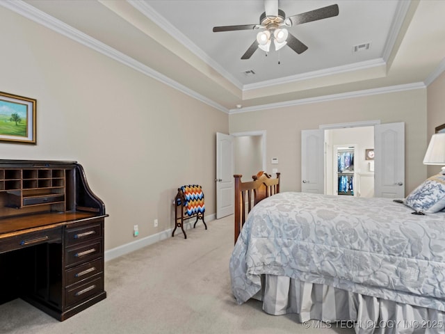 2941 Versailles Pl, Bartlesville, OK 74006 - bedroom featuring a raised ceiling, light carpet, crown molding, baseboards, and ceiling fan