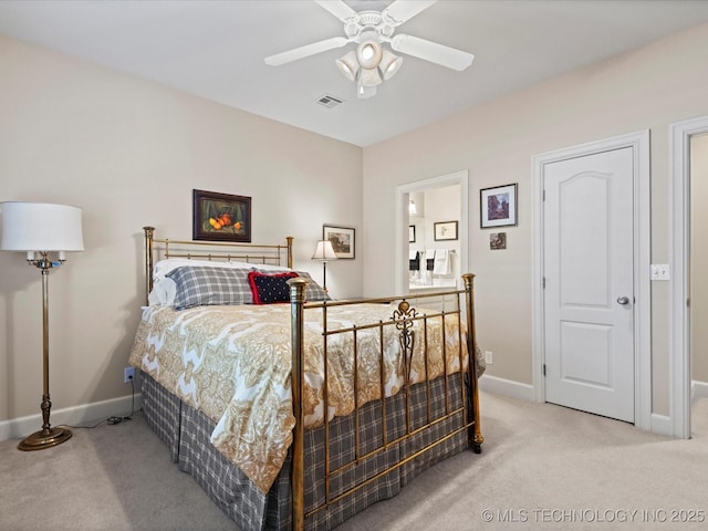 bedroom featuring light carpet and ceiling fan