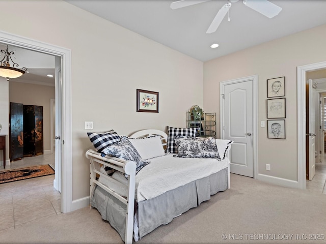 2941 Versailles Pl, Bartlesville, OK 74006 - bedroom with baseboards, light colored carpet, recessed lighting, and ceiling fan