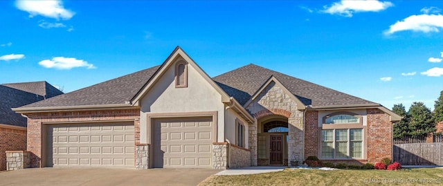 2941 Versailles Pl, Bartlesville, OK 74006 - french country inspired facade with stone siding, a garage, concrete driveway, and roof with shingles