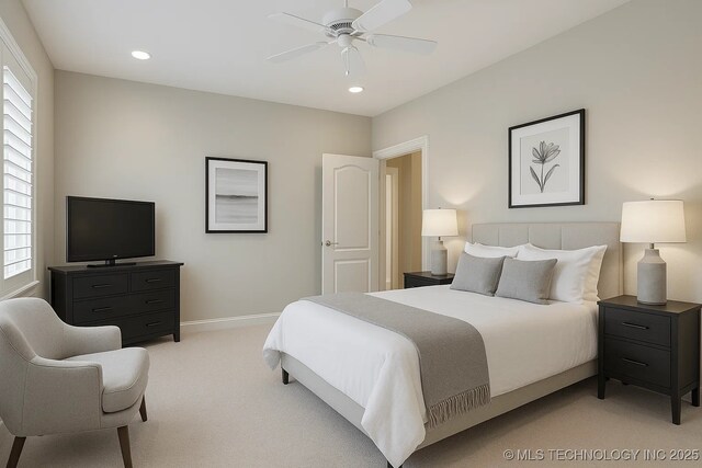 2941 Versailles Pl, Bartlesville, OK 74006 - bedroom featuring light colored carpet, baseboards, recessed lighting, and a ceiling fan