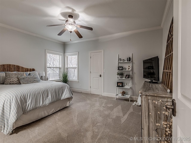 carpeted bedroom with crown molding and ceiling fan