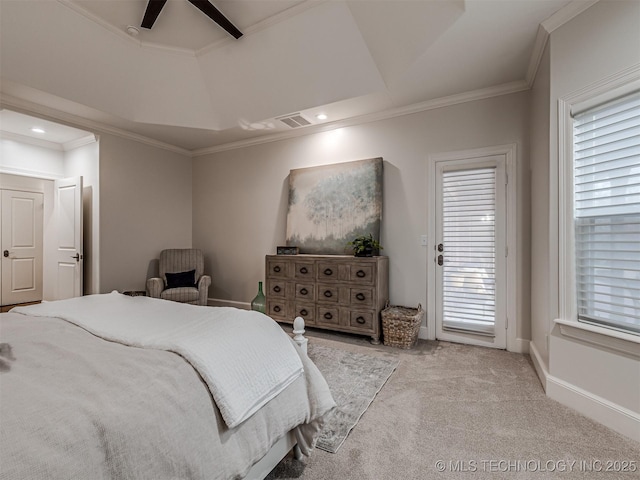 bedroom featuring ornamental molding, light carpet, access to exterior, and ceiling fan