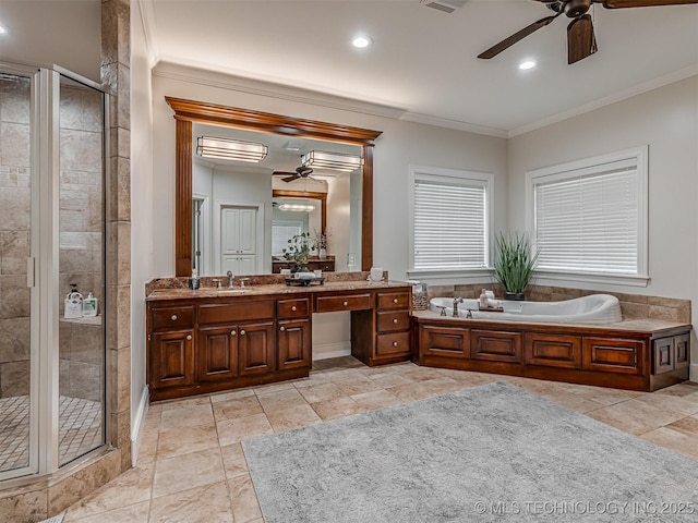 bathroom with vanity, separate shower and tub, ceiling fan, and crown molding