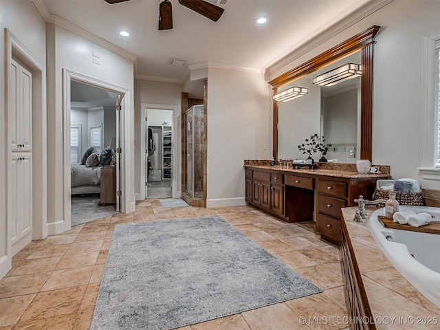 bathroom featuring vanity, ceiling fan, crown molding, and separate shower and tub