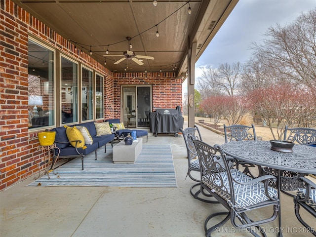 view of patio with ceiling fan, an outdoor hangout area, and area for grilling