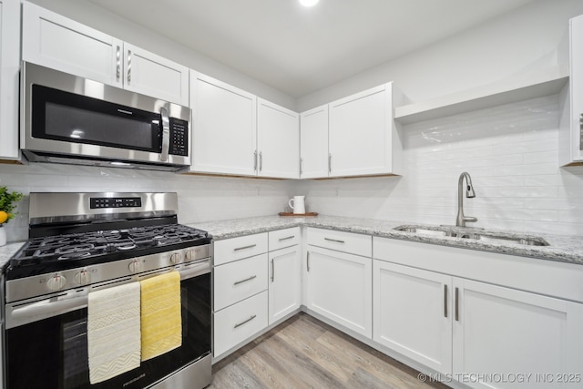 kitchen with sink, white cabinetry, tasteful backsplash, stainless steel appliances, and light stone countertops