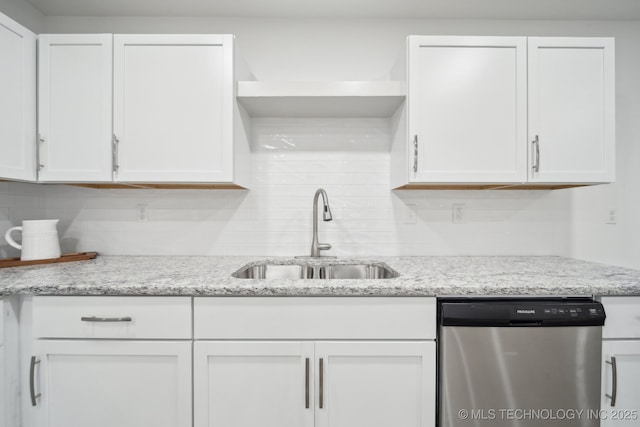 kitchen with sink, dishwasher, light stone countertops, white cabinets, and decorative backsplash