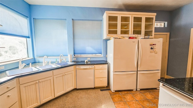 116568 S 4268th Rd, Checotah, OK 74426 - kitchen with white appliances, glass insert cabinets, and light tile patterned floors