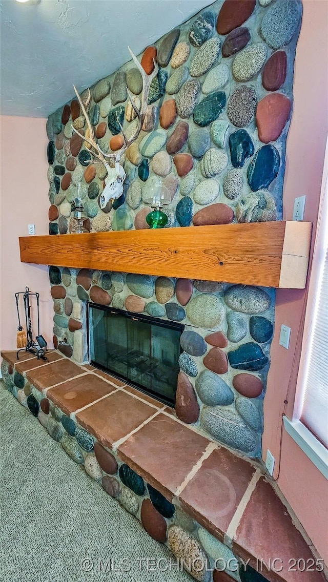 details featuring a stone fireplace and carpet floors