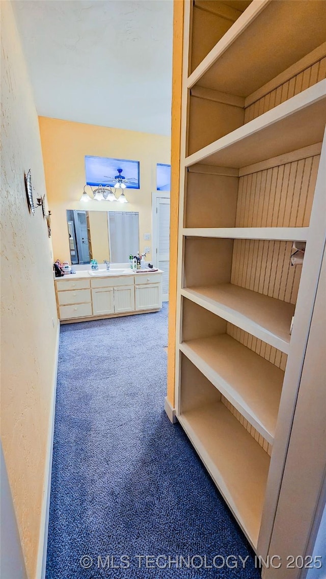 hallway featuring sink and carpet floors