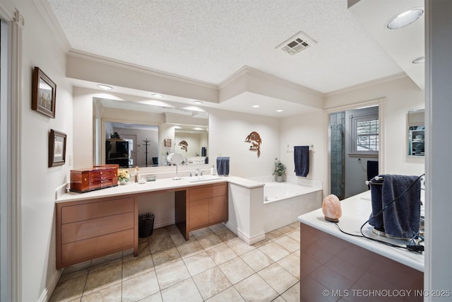 bathroom with independent shower and bath, tile patterned flooring, vanity, ornamental molding, and a textured ceiling