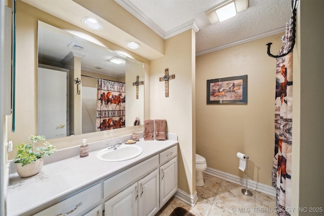 bathroom featuring tile patterned floors, toilet, crown molding, a textured ceiling, and vanity