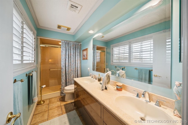 bathroom featuring vanity, crown molding, curtained shower, and toilet