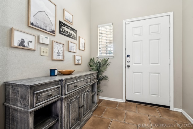 foyer entrance with dark tile patterned floors