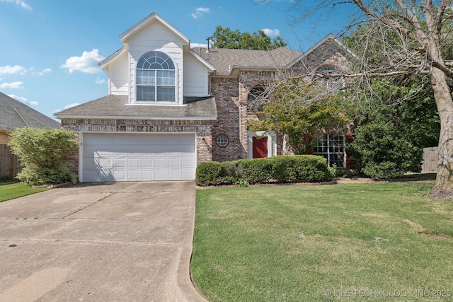 view of front of property with a garage and a front lawn