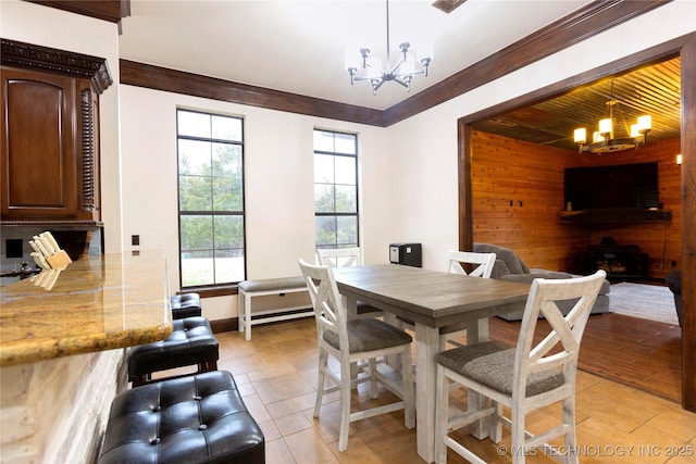 tiled dining area with crown molding, wooden walls, and an inviting chandelier